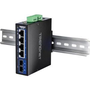 TRENDnet TI-G51SC 5-Port Unmanaged Switch, 4 gigabit ports & 1 Gigabit multi-mode fiber SC ports, 10Gbps switching capacity, DIN-rail/wall mount